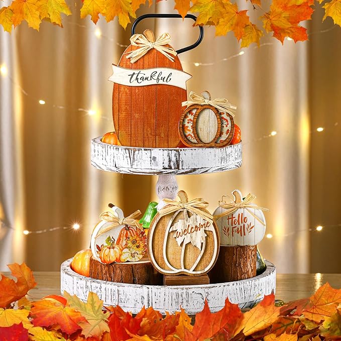 5 Pcs Fall Brown Pumpkin Decor for Home Thanksgiving Wooden Table Centerpiece Decorations Fall Wooden Pumpkin Signs for Autumn Farmhouse Home Living Room Kitchen Mantle Tabletop Supplies