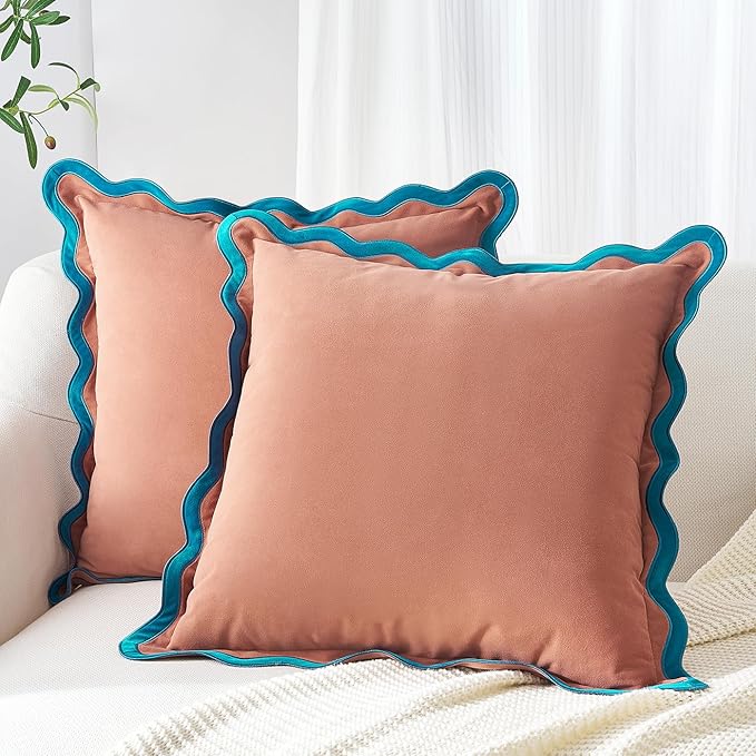 MONDAY MOOSE Decorative Throw Pillow Covers Cushion Cases, Set of 2 Soft Velvet Scalloped Wavy Edge Designs, Mix and Match for Home Decor, Pillow Inserts Not Included (Teal/Pink, 18x18 inch)