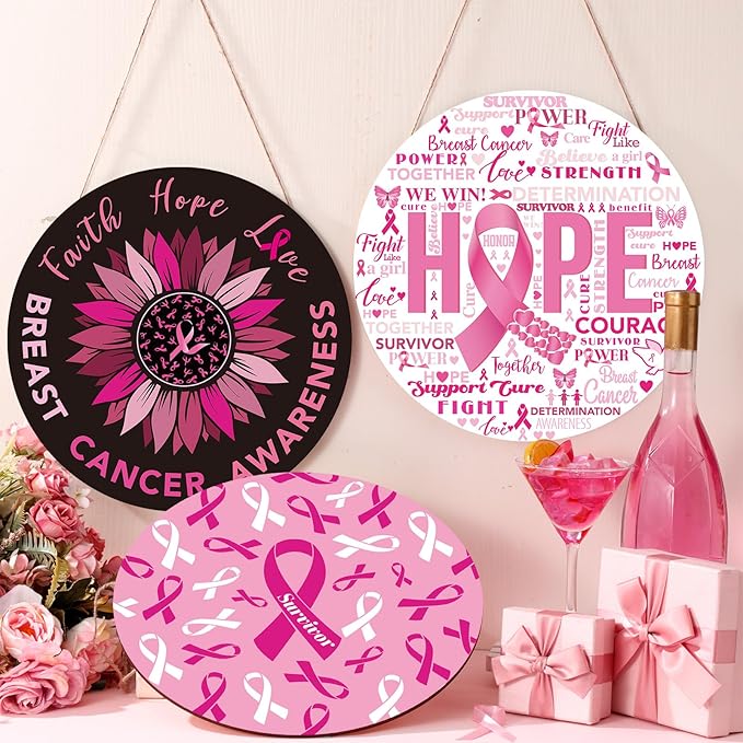 3 Pcs Breast Cancer Awareness Decoration Pink Ribbon Front Door Decor Signs Faith Hope Love Wooden Wreath Breast Cancer Awareness Door Hanger for Farmhouse Home Office Decor