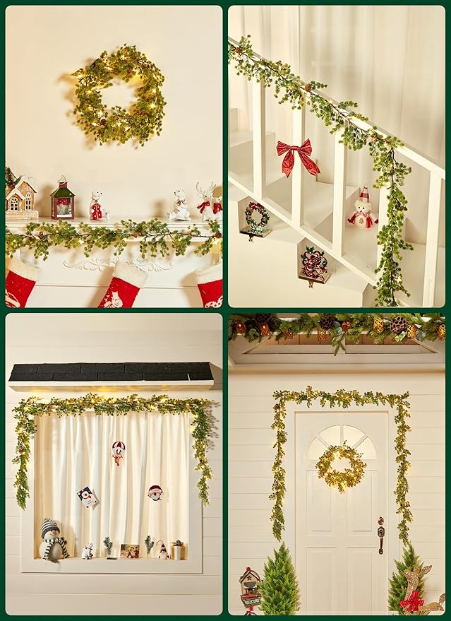 Brightown Christmas Garland with Lights, Battery Operated, 6 Ft 20 LED Lighted Pine Leaves Garland Decorated with Pine Cones, Berry, Indoor & Outdoor Christmas Lights for Mantle Stairs Wall, 2 Pack