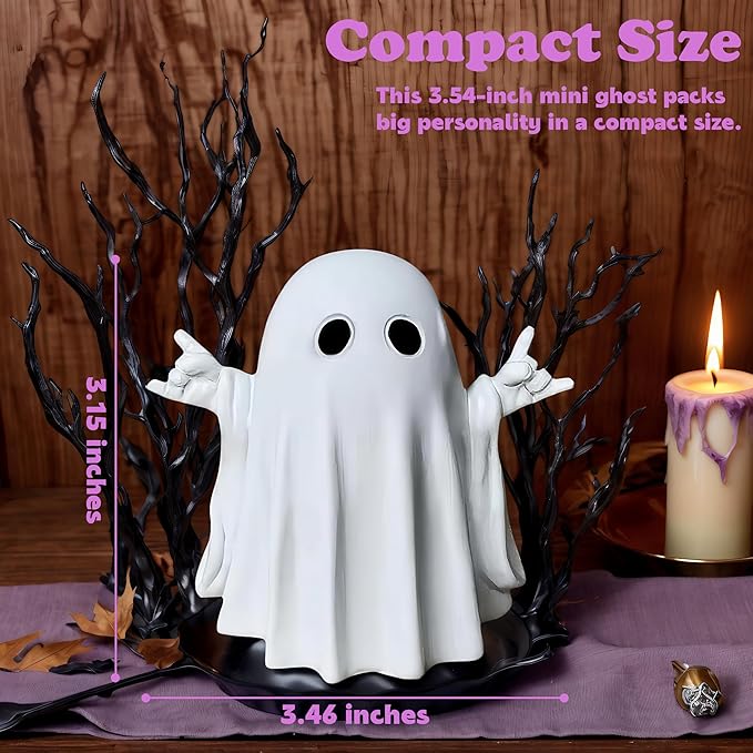 Halloween Funny Ghost Figurine with Rock Hand– Glossy Resin Halloween Ghost Decor, Spooky Home Decorations for Music Lovers, Gothic Desk Ornament, Novelty Rock and Roll Gift