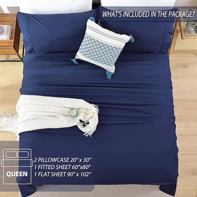 Whitney Home Textile Queen Sheet Set, Soft Microfiber Hotel Bed Sheets Queen Size, Extra Deep Pocket, Luxury Breathable Bedding Sheet & Pillowcase Sets, 4 Piece Wrinkle Free Oeko-Tex, Navy Blue