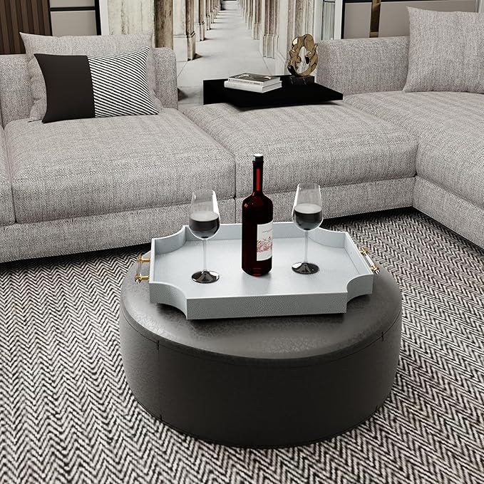 22.6'' × 13'' Coffee Table Tray Shagreen Decorative Tray for Ottoman Home Decor Serving Tray with Acrylic Gold Handles Modern Elegant Scalloped Large Ottoman Tray