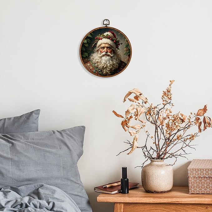 KSDUT Vintage Christmas Wall Decor Art - Retro Santa Claus Wall Art Canvas Frame Hanging Prints, Merry Christmas Xmas Holiday Round Wall Art Decor for Farmhouse Home Decorations 10"x10"