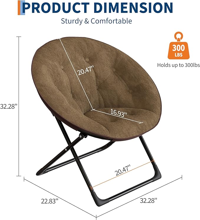 Folding Faux Fur Saucer Chair,Portable Folding Soft Moon Chair,Comfortable Lounge Chair with Metal Frame for Bedroom, Dorm Rooms, Apartments, Lounging, Garden and Courtyard, Brown