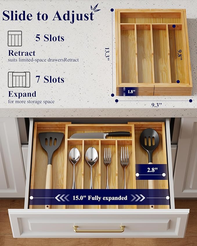Kitsure Thickened Silverware Organizer - Expandable Bamboo Kitchen Drawer Organizer for Cooking Utensils and Cutlery, Sturdy Kitchen Organizers and Storage Solution, 15.0"×13.3"×1.8"