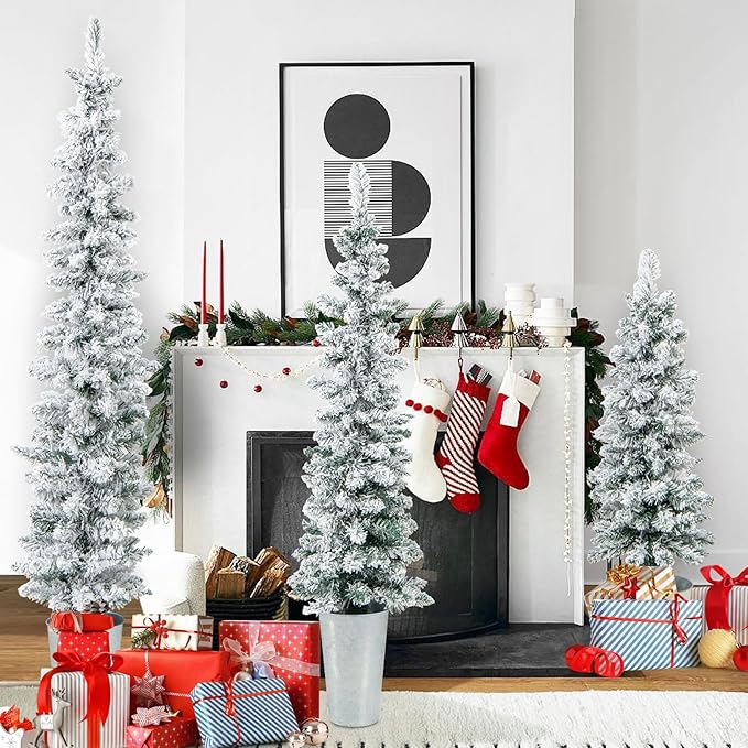 GOFLAME Set of 3 Potted Christmas Tree Snow Flocked, 3’ 4’ 5’ Slim Pencil Trees with 120, 140, 160 Branch Tips & Cement-Filled Metal Bases, Artificial Entrance Xmas Trees for Porch, Front Door