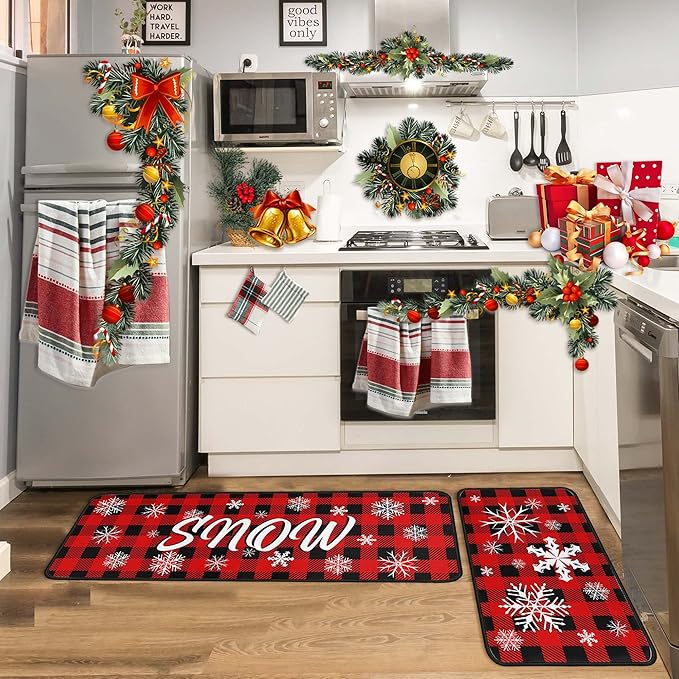 Buffalo Plaid Christmas Kitchen Rugs and Mats Set of 2 PCS, Xmas Snow Winter Holiday Party Low-Profile Floor Mat Merry Christmas Decorations for Home Kitchen - 17"x47"+17"x30"