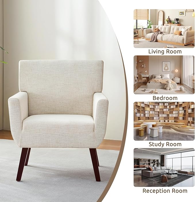 Upholstered Accent Chair,Mid Century Modern Office Fabric Small Living Room Chair with Arm,Comfy Wingback Armchair for Bedroom Reading (Beige, 2 PC)