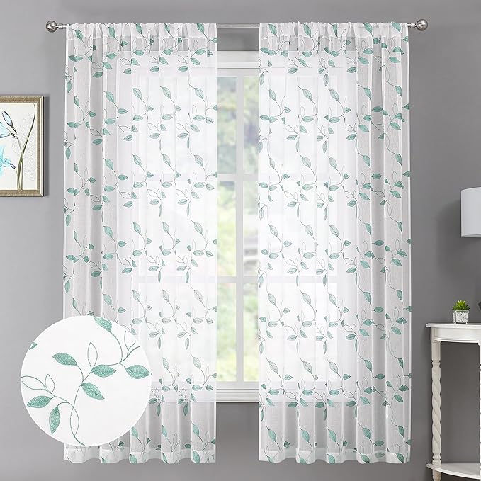 Tollpiz Teal Blue Leaf Sheer Curtains Leaves Embroidered Living Room Curtain Rod Pocket Voile Window Treatments for Bedroom, 54 x 63 inches Long, Set of 2 Panels