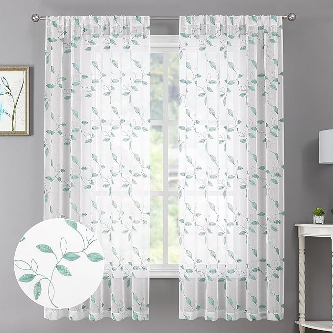 Tollpiz Teal Blue Leaf Sheer Curtain Leaves Embroidered Living Room Short Curtains Rod Pocket Voile Window Treatment for Bedroom, 54 x 54 inches Long, Set of 2 Panels