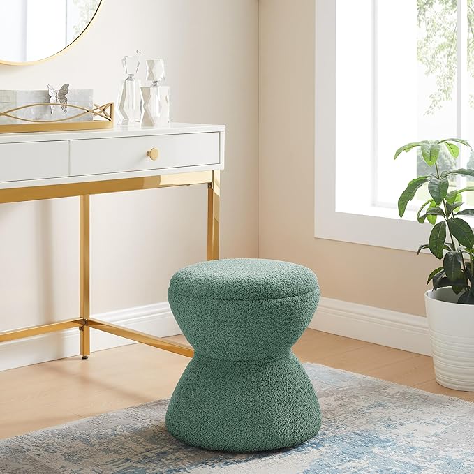Multi-Functional Boucle Ottoman, Vanity Stool Chair, Sturdy Wooden Footstool, Suitable for Living Room, Bedroom, and Entryway, Without Installation, Green
