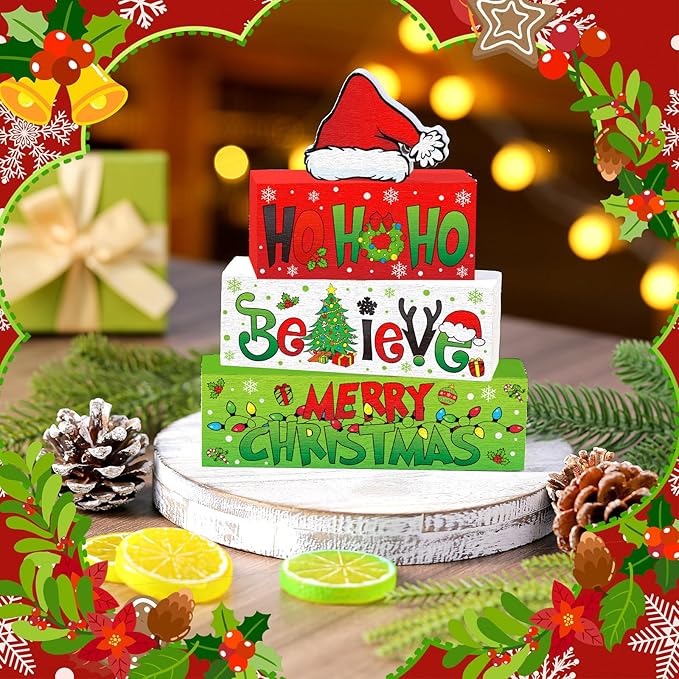 4 Pcs Christmas Table Decor Wooden Hohoho Decoration Red White Green Christmas Tiered Tray Decor Xmas Table Centerpiece Rustic Decorative Santa Hat Block Signs Gift Farmhouse for Home Kitchen