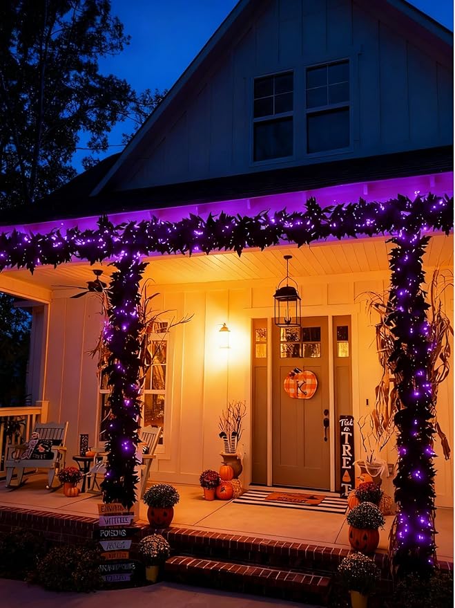 2PCS 6FT Black Maple Leaf Garland, Halloween Artificial Hanging Fall Leave Vines, Fall Floral Garlands Thanksgiving Decor and Home Wedding Party