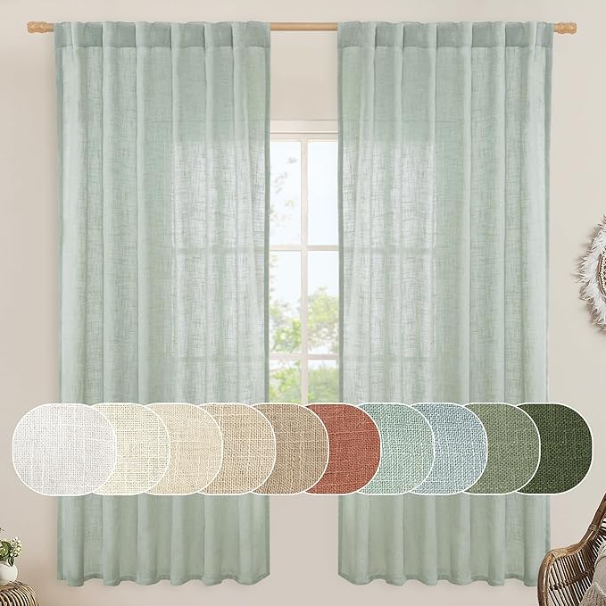 LAMIT Light Sage Linen Curtains 72 inch Length for Bedroom, Faux Linen Textured Light Filtering Drapes Back Tab and Rod Pocket Boho Panels for Farmhouse/Living Room, 2 Panels, 52 x 72 Inch