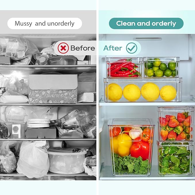 MUCHII 6 Pack Fridge Organizers and Storage, Stackable Fridge Organizer Bins with Lids, Kitchen Organizer Storage Containers for Fruit, Food, Vegetables