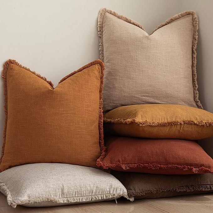 Foindtower Set of 2 Decorative Linen Fringe Throw Pillow Covers Cozy Boho Farmhouse Cushion Cover with Tassels Soft Accent Pillowcase for Couch Sofa Bed Living Room Home Decor, 18×18 Inch, Orange