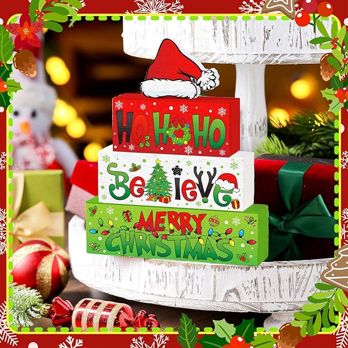 4 Pcs Christmas Table Decor Wooden Hohoho Decoration Red White Green Christmas Tiered Tray Decor Xmas Table Centerpiece Rustic Decorative Santa Hat Block Signs Gift Farmhouse for Home Kitchen