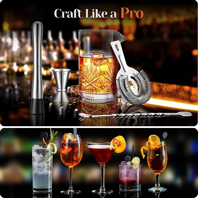 Cocktail Mixing Glass, veecom 18oz Crystal Bartender Kit, 5 Piece Bar Mixing Glass Old Fashioned Cocktail Kit with Strainer, Muddler, Spoon, Jigger, Cocktail Mixer
