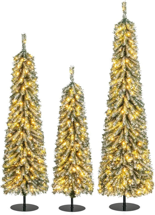 GOFLAME Set of 3 Pre-Lit Artificial Christmas Tree, Flocked Pencil Xmas Trees 4FT, 5FT and 6FT with Drooping Branches, Soft White Cotton, LED Lights, Holiday Decoration Tree for Home Office Party