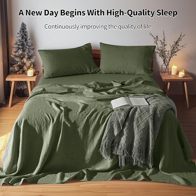 LBRO2M 100% Linen Sheet Set 16" Deep Pocket Queen Size,Bed Sheets 4 Piece Sets,Solid Color Natural Flax Bed Sheets Soft Breathable Bedding, All Season (Queen, Olive Green)