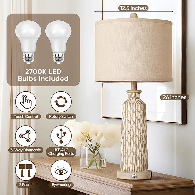 QiMH Table Lamp for Living Room with USB A+C Ports, Farmhouse Bedside Lamps for Bedroom Set of 2, Touch Control 3-Way Dimmable, 26" Modern Off-White Resin Nightstand Lamp, Included 2700K LED Bulbs