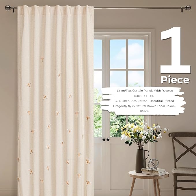 Natural Flax Linen Curtains 50x96 Inch –Brown Taupe with Dragonfly Embroidery, Room Darkening for Bedroom & Living Room