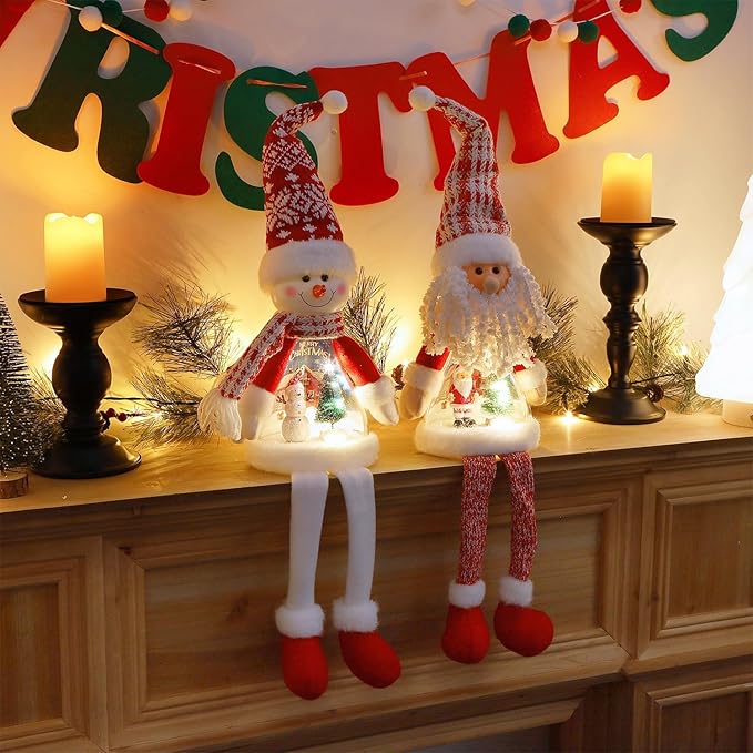 Juegoal 2 Pack Lighted Christmas Santa & Snowman with Dangling Legs, 24" Handmade Plush Figurines with Miniature Xmas Scenes in Belly, Battery Operated Tabletop Dinner Party Ornaments