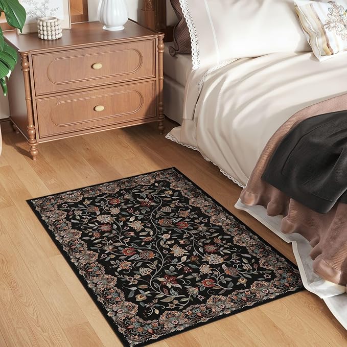 Rugcomf 2'x3' Entryway Rug - Paisley Pattern, Door Mat Indoor Entrance, Floral Vintage, Machine Washable, Non-Slip Low Pile Area Rug for Kitchen, Front Door, Kids Room - Black