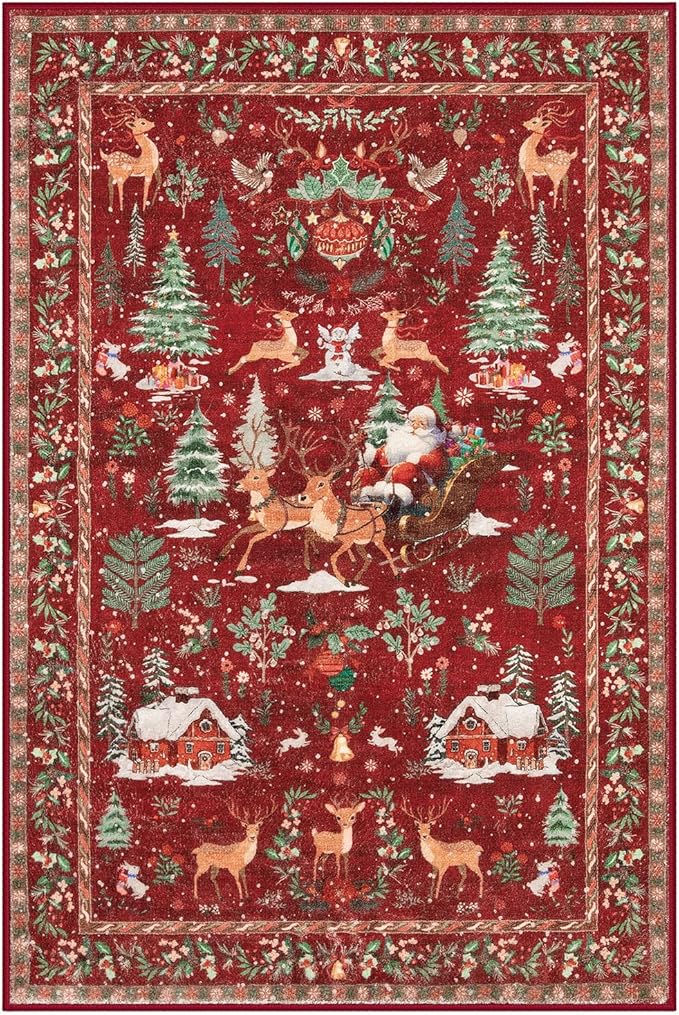 Lahome Indoor Christmas Rug 2x3 Small Kitchen Bathroom Rugs for Entryway,Washable Soft Non-Slip Christmas Tree Santa Claus Area Rug,Door Mat for Winter Living Room Bedroom Holiday Decor(2x3,Red)