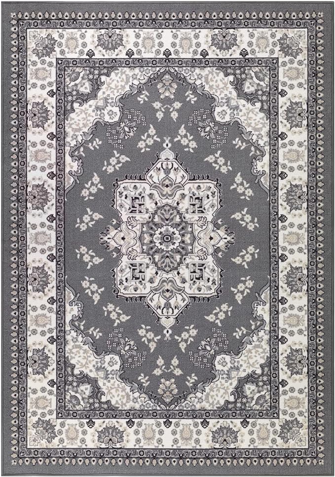 Antep Rugs Alfombras Oriental Traditional 4x6 Non-Skid (Non-Slip) Low Profile Pile Rubber Backing Indoor Area Rugs (Gray, 4' x 5'8")