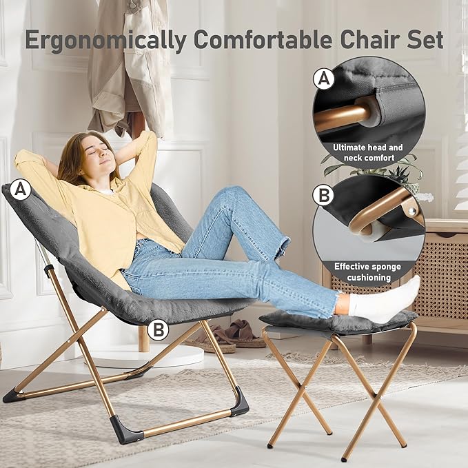 Comfy Oversized Saucer Chair with Ottoman,Soft Faux Fur Reading Lounge Chair for Adults,Stable X-Large Metal Frame and Non-Slip Pad,Cozy Chair for Bedroom, Living Room, Dorm, Dark Gray