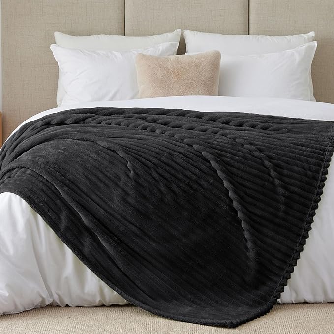 BEDELITE Blankets Queen Size for Bed, 300GSM Soft & Warm Fleece Blanket, Decorative and Giftable Striped Black Blankets for Women, Men, 90"x90"