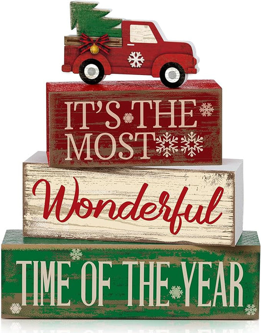4 Pcs Christmas Decor Wooden Red Truck Winter Tiered Tray Decor Rustic Merry Christmas Table Centerpiece Wood Red Truck Block Sign Gift Farmhouse for Home Kitchen Tabletop Office Shelf