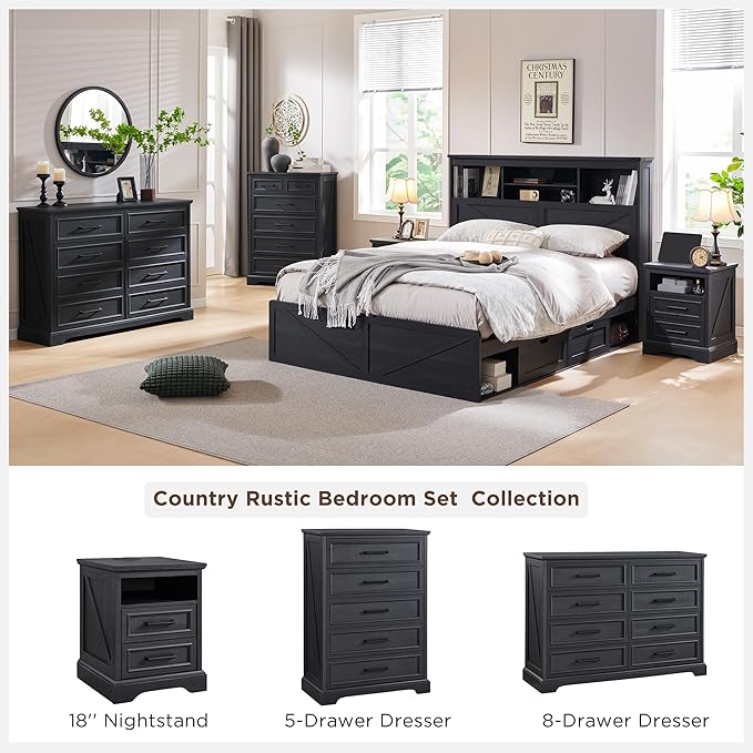 18" Farmhouse Nightstand Set of 2 with Charging Station,End Table with 2 Drawers Storage,Side Table,Bedside Cabinet for Bedroom,Living Room, Black