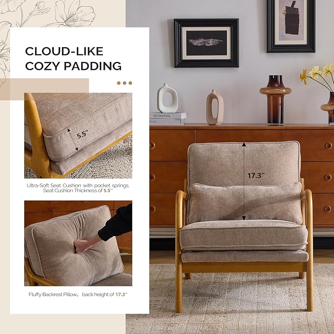 VINGLI Chenille Mid-Century Modern Accent Chair Set of 2, Cute Reading Arm Chair with Cushion & Lumbar Pillow & Solid Wood Frame for Lounge, Living Room, Reading Room, Bedroom, Light Khaki