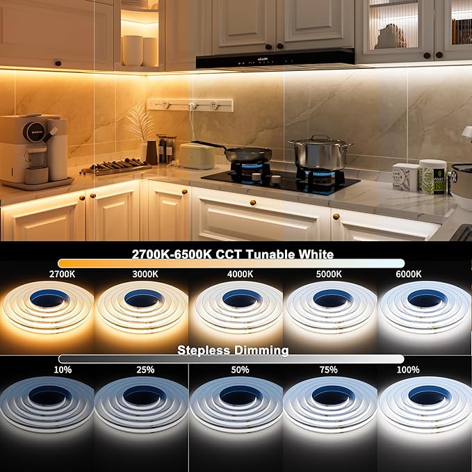 MIWISE COB LED Strip Light White LED Tape Lights 2700K-6500K 24V Color Changing Dimmable 20ft UL-Listed Super Bright with Remote & APP Control for Under Cabinets,Bedroom,Kitchen,Mirror,TV DIY Lighting