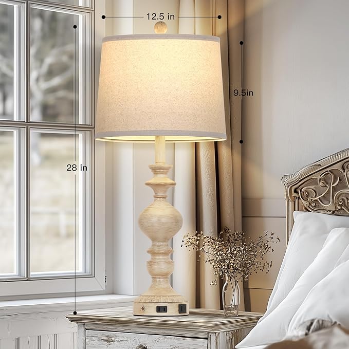 28" Farmhouse Table Lamps Set of 2, Rustic Lamp for Living Room with USB C+A Ports & AC Outlet, 3 Way Touch Control Resin Bedside Lamps, Retro Bedroom Lamp for Nightstand Side End Table Desk, Beige
