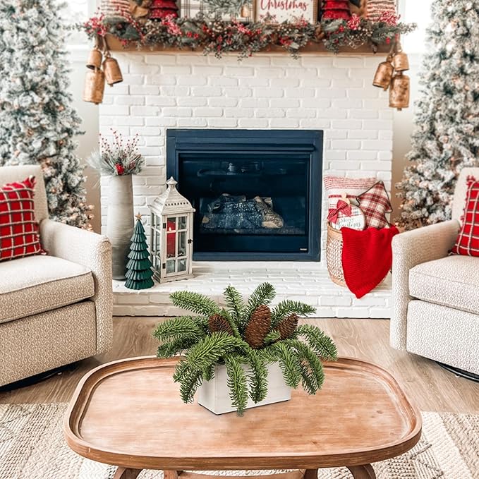 DILATATA Christmas Centerpieces 8 Inch Artificial Christmas Plant in Rectangular Wooden Pot Tabletop Pine Plants with Pine Cones for Winter Holiday Party Fireplace Mantel Xmas Decor
