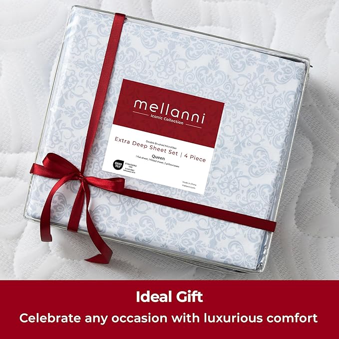 Mellanni Extra Deep California King Sheets - 4 PC Iconic Collection Bedding - Luxury, Ultra Soft, Cooling Bed Sheets - Wrinkle, Fade, Stain Resistant (Cal King, Laced Sky Blue)