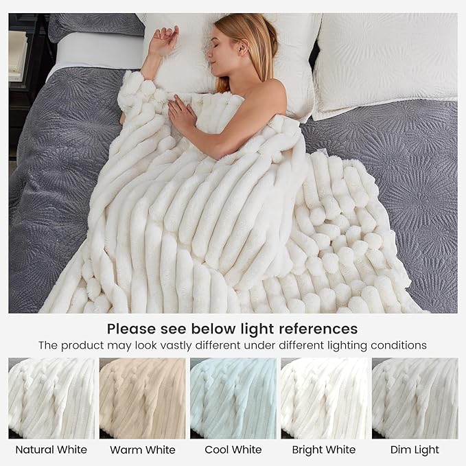 Cozy Bliss Faux Fur Throw Blanket for Couch, Cozy Warm Plush Striped Blanket for Sofa Bedroom Living Room, 90 * 90 Inches Cream White