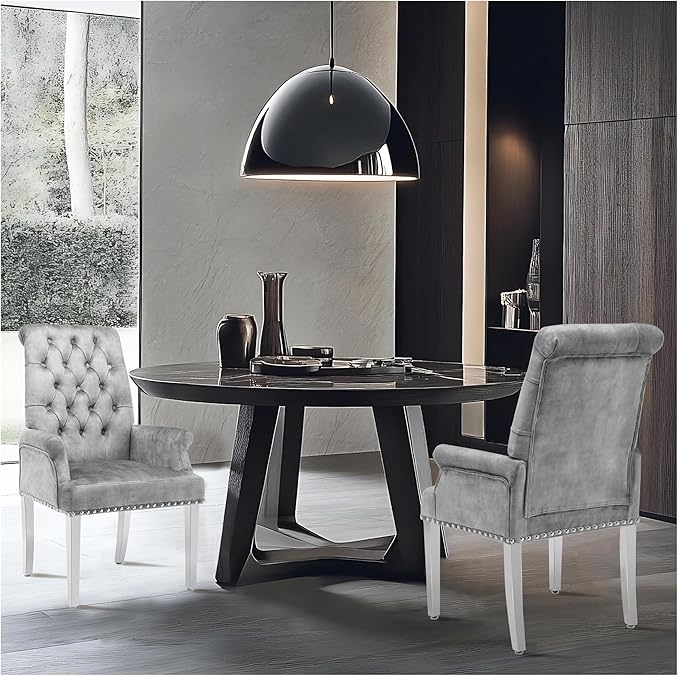 AODCHR Upholstered Velvet Accent Dining Chair, Elegant Tufted Dining Room Kitchen Room Arm Chair with Stainless Steel Leg, Light Grey