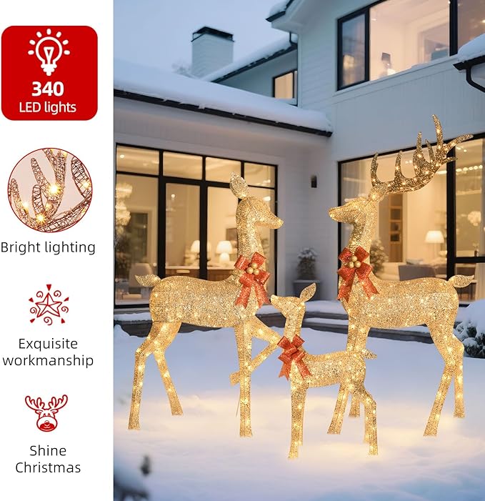 HOYECHI 6.5 FT Oversized Christmas Decorations Outdoor Lighted Reindeer β 3-Piece 3D Deer Family Set with 340 Warm White LED Lights for Yard, Lawn, Garden & Porch Holiday Display - Gold