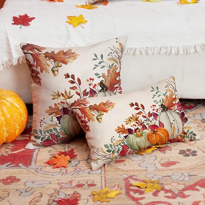 DFXSZ Fall Pillow Covers 12x20 inch Set of 2 Orange White Pumpkin Fallen Leaves Decorative Outdoor Throw Pillow Covers Autumn Thanksgiving Farmhouse Decoration for Home Couch TH27-A12