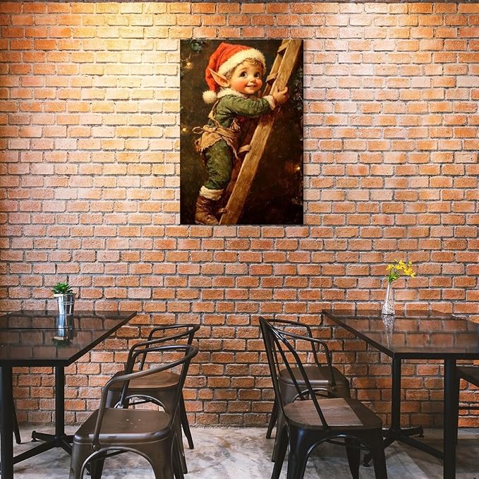 Medpol Vintage christmas wall art christmas elf painting winter cottagecore canvas poster for farmhouse home decor apartment dormitory Framed20x30inch