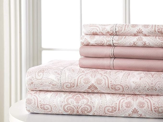 Full Size Bed Sheets Set Deep Pockets - 6PC Paisley Ultra Soft Microfiber Bed Sheets Set - Easy to Clean, 90 Thread Count Sheets with Fitted Sheet, Flat Sheet & Pillowcases (Soft Pink)