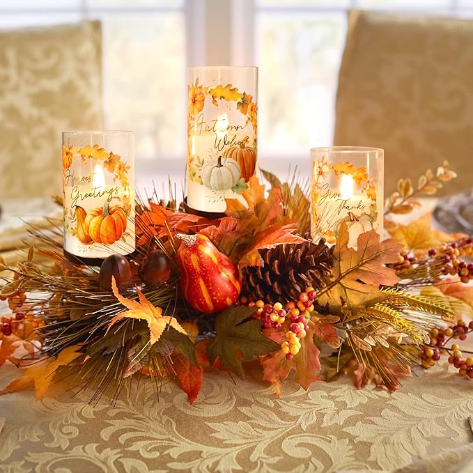 Glass Flameless Candles Flickering Battery Operated with Remote Pumpkin Theme Farm House Realistic Pillar Candle for Fall Decor Havest Celebration Home Party, Set of 3