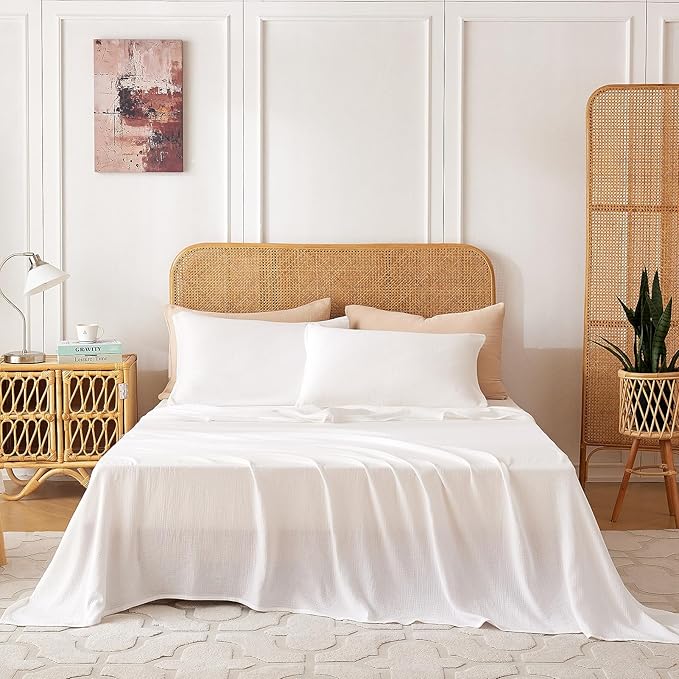 Twin Sheets Set 100% Cotton Bed Sheets 3 Pcs Linen Like White Fall Sheet 16" Deep Pocket Sheet & Pillowcase Sets Boho Muslin Soft Twin All Season Bedding Sets Easy Care