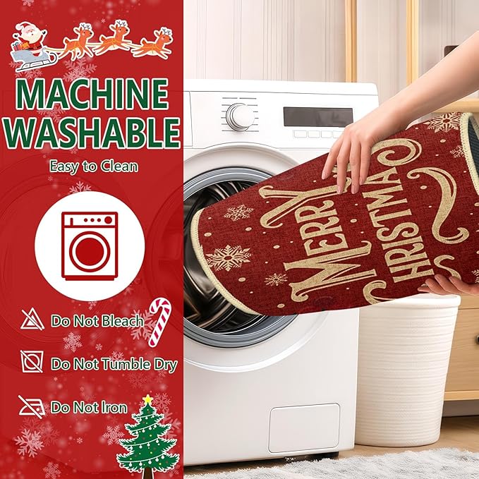 Christmas Snowflake Tree Kitchen Rugs and Mats Non Skid Washable Set of 2, Bear Xmas Kitchen Mats for Floor Decor