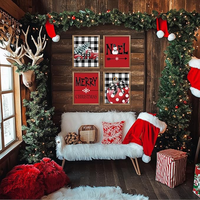 ETVISO Christmas Decor, Christmas Red Wall Art Prints Set of 4, Retro Vintage Xmas Poster, Winter Holidays Gift Print Decor for Gallery Living Room Bathroom, 8x10 (Unframed)